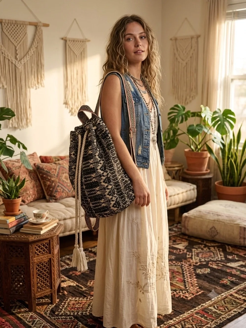 Billabong Black & Cream Woven Drawstring Backpack